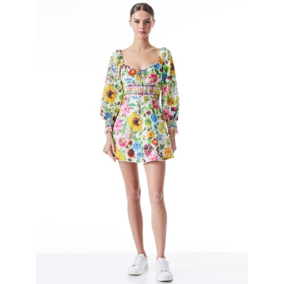 ALICE + OLIVIA Crawford Sweetheart Mini Dress Floral Puff Sleeves Lace Up Size 0